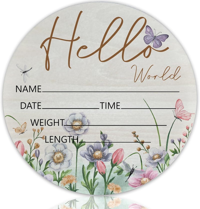 CLHHM Hello World Butterfly Theme Baby Name Sign Birth Announcement Plaque with Name Date Weight 6" Round Birch Wood Nursery Decor Newborn Hospital Keepsake Gift for Parents - Image 1